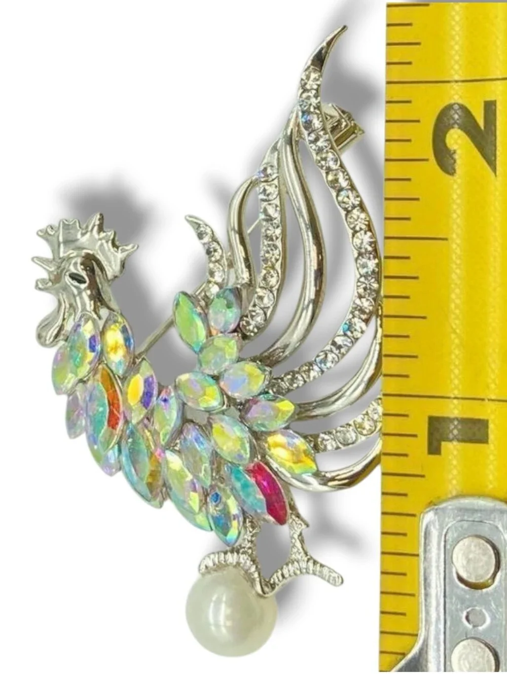 Vintage Signed Figural Rooster Brooch AB Rhinestone Pearl Belly Pin
